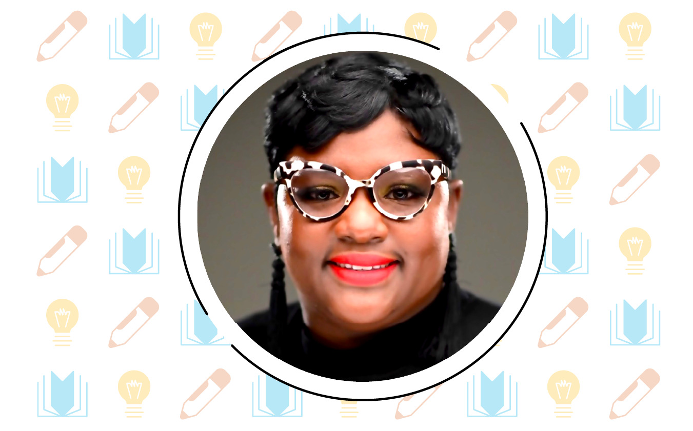 A person with short black hair wearing patterned glasses and a black top, set against a background adorned with book, lightbulb, and pencil icons, embodies the spirit of district-level leaders championing literacy.