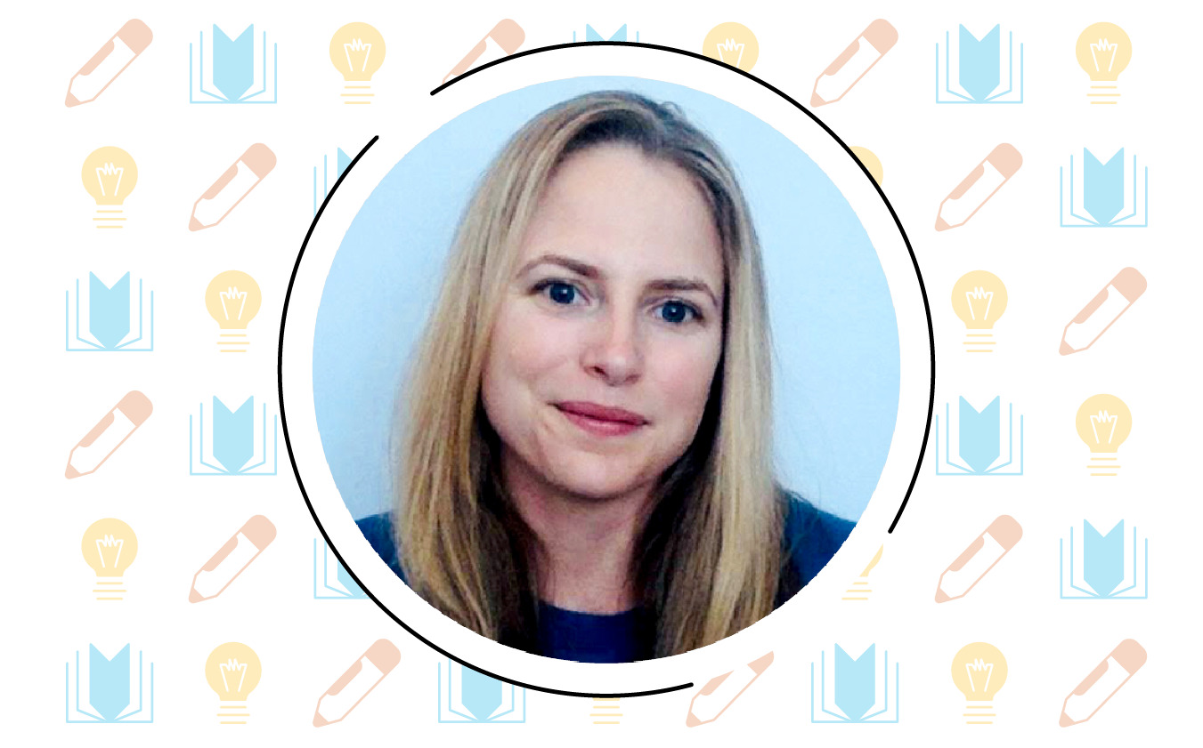 A person with long blonde hair is framed in a circular border against a background featuring book, light bulb, and pencil icons, embodying the essence of Brain Builders and the science of reading.