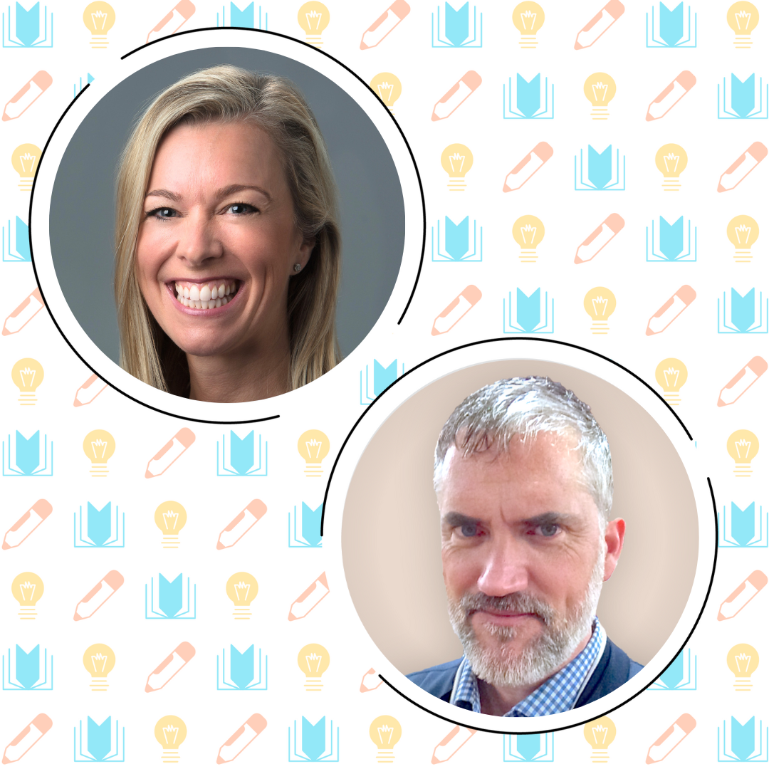 Two side-by-side portraits of a smiling woman with blonde hair and a man with grey hair and beard, both set against a background with lightbulb and book icons, symbolizing literacy strategies for math