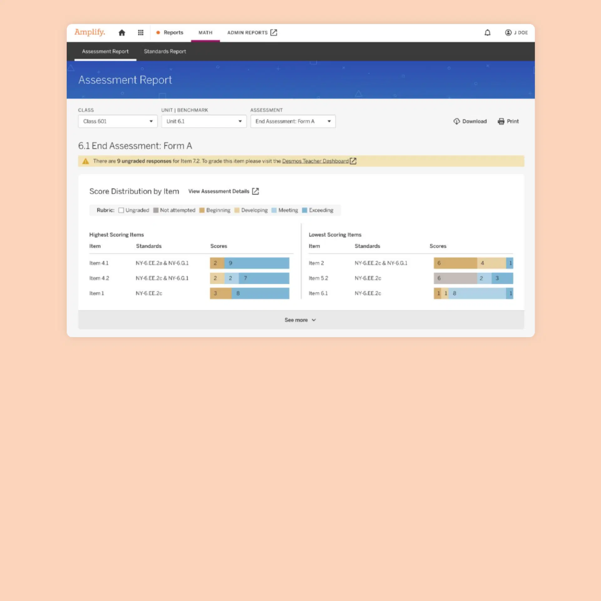 Digital assessment report with tabs for Reports, WAT, and Admin Reports. Displays classes, units, assessments, and scoring details for high and low-performing items, including raw scores.