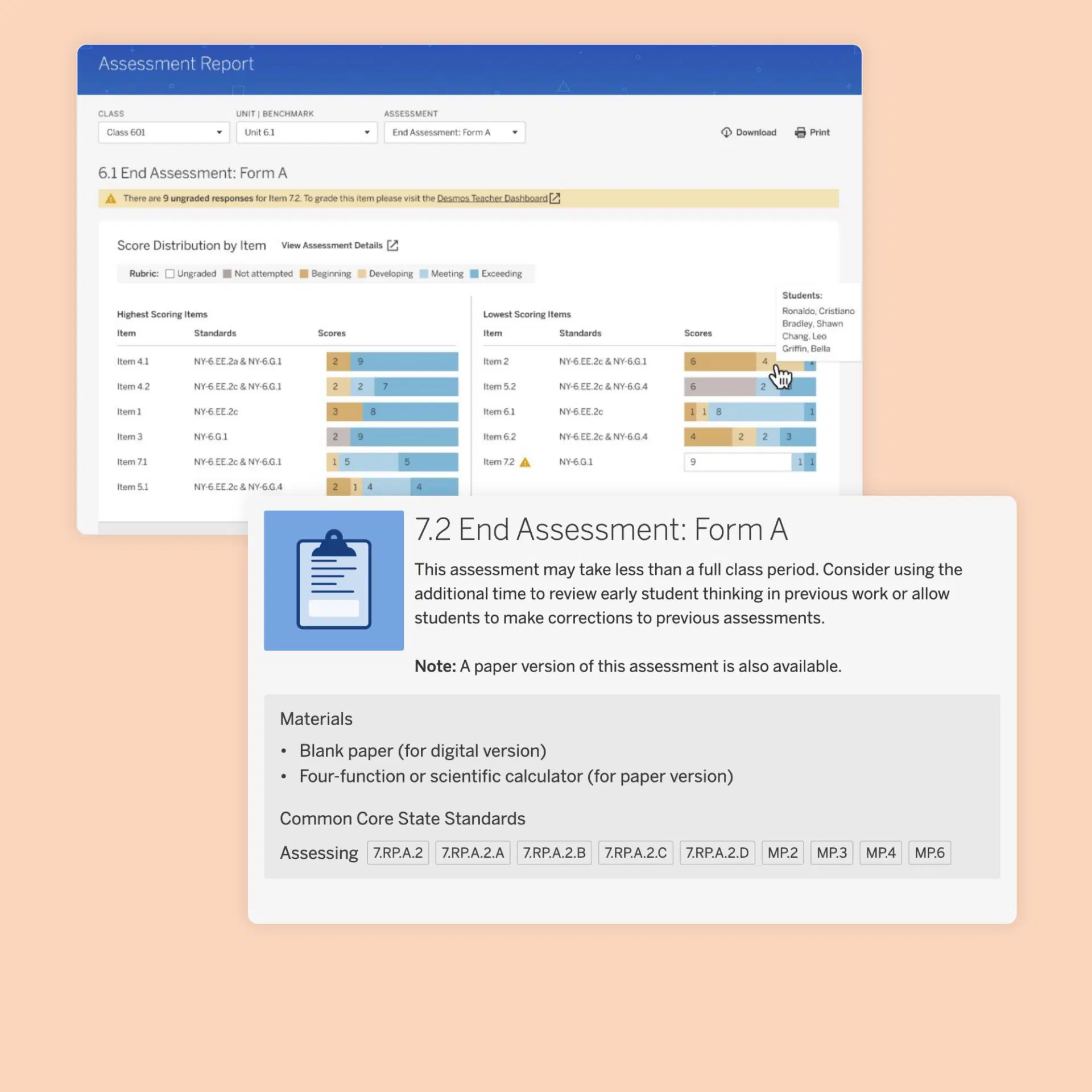 Screenshot of an assessment report and instructions for Assessment Form A, highlighting score distribution, student performance, and requirements like blank paper and a calculator.
