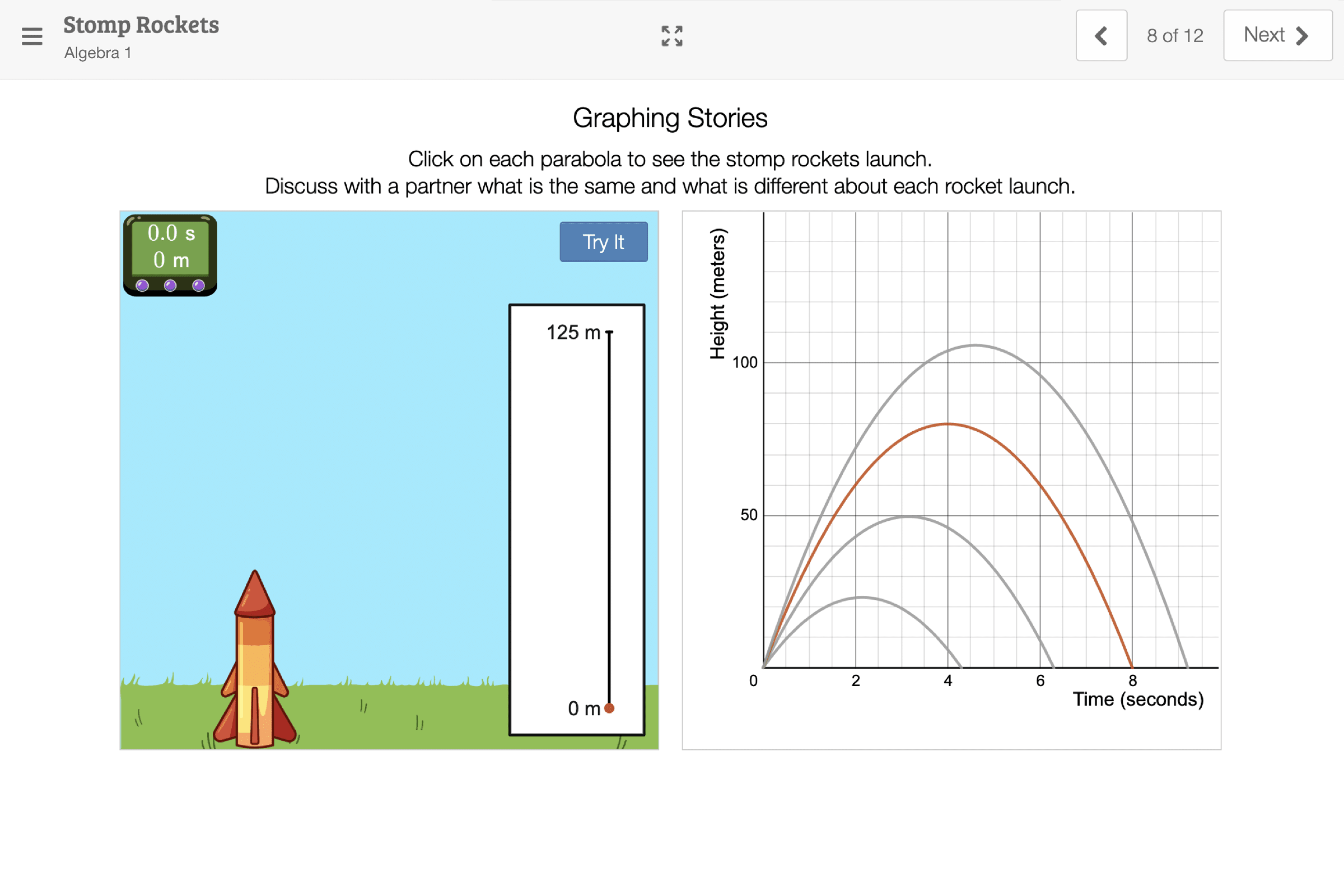 Illustration of a stomp rocket launch next to a graph showing height over time for three rocket trajectories: red, black, and gray parabolas.