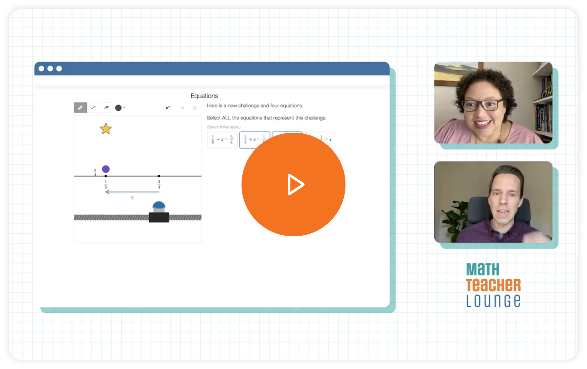 A video call screen showing a math problem on the left with a play button overlay, and two participants on the right in individual video boxes. "MATH TEACHER LOUNGE" text is at the bottom.