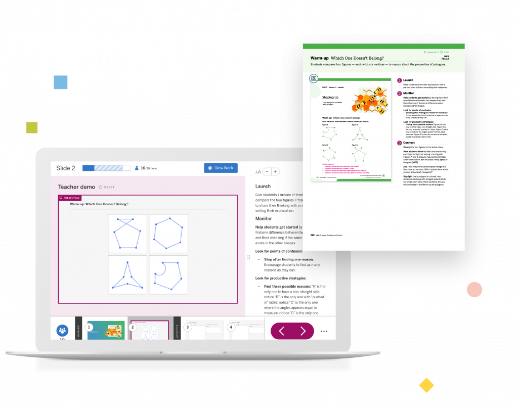 A laptop displays geometric shapes in a teaching demo. Nearby, a separate document with text and diagrams is visible.