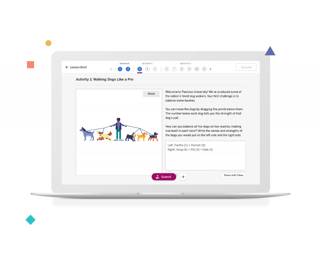 A diagram on a tablet screen shows a person holding multiple leashes, each attached to a different colored dog. Text describes a walking challenge activity.