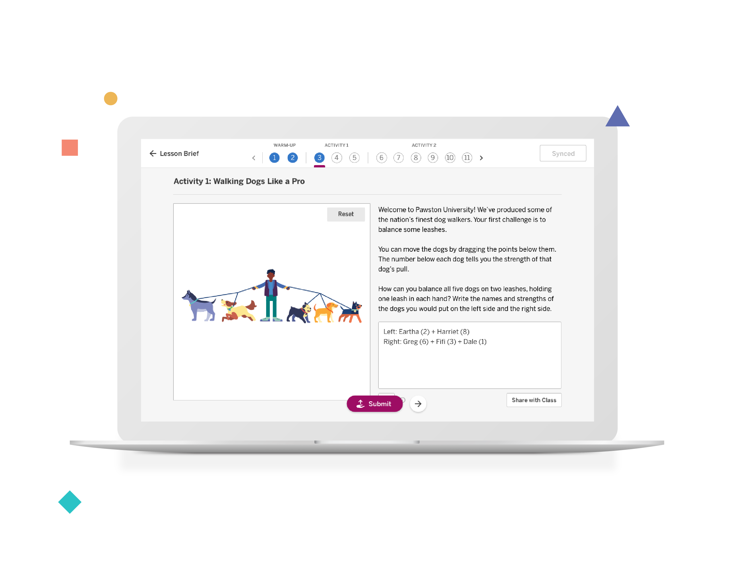 A diagram on a tablet screen shows a person holding multiple leashes, each attached to a different colored dog. Text describes a walking challenge activity.