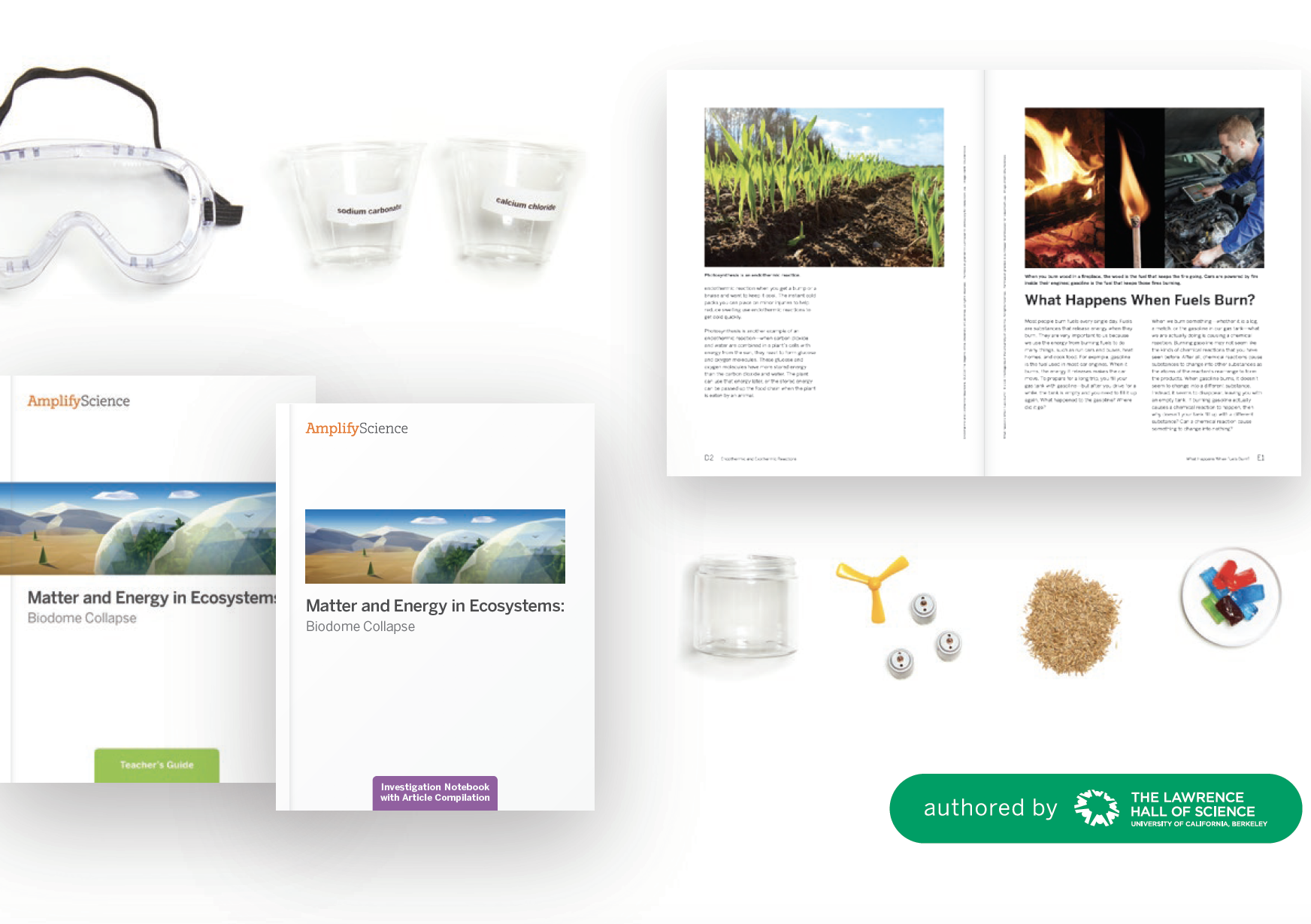 A science education kit includes goggles, measuring cups, books on ecosystems and fuel burning, seeds, a jar, game pieces, and soil. Authored by The Lawrence Hall of Science.