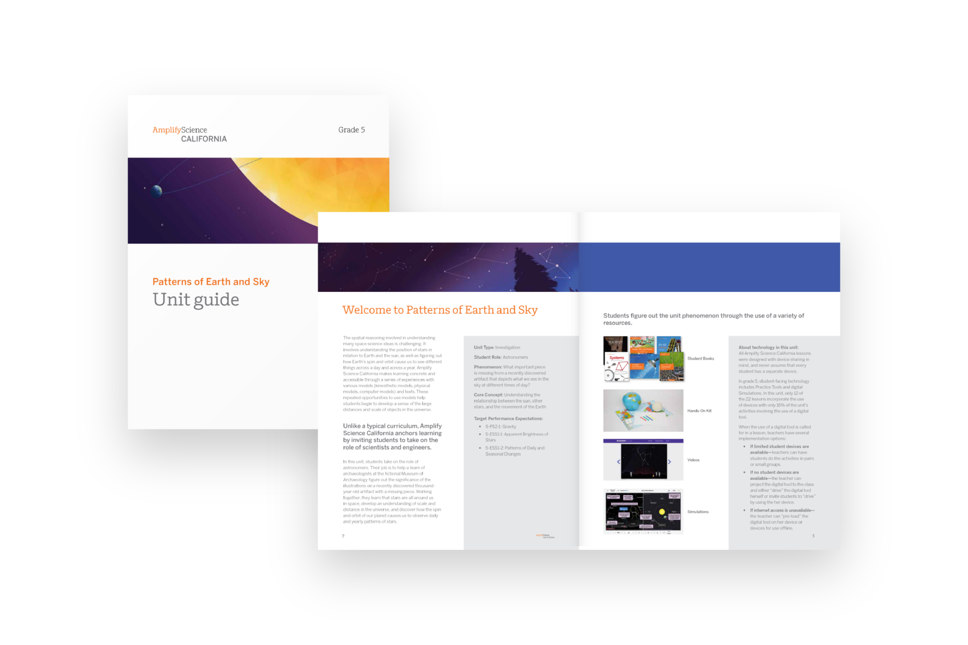 Cover and inner pages of a unit guide titled "Patterns of Earth and Sky" for Grade 5, featuring text explanations and images related to science concepts.