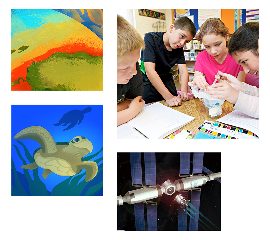 Four children examine a model in a classroom, surrounded by colorful illustrations of a landscape, a sea turtle, and a space station.