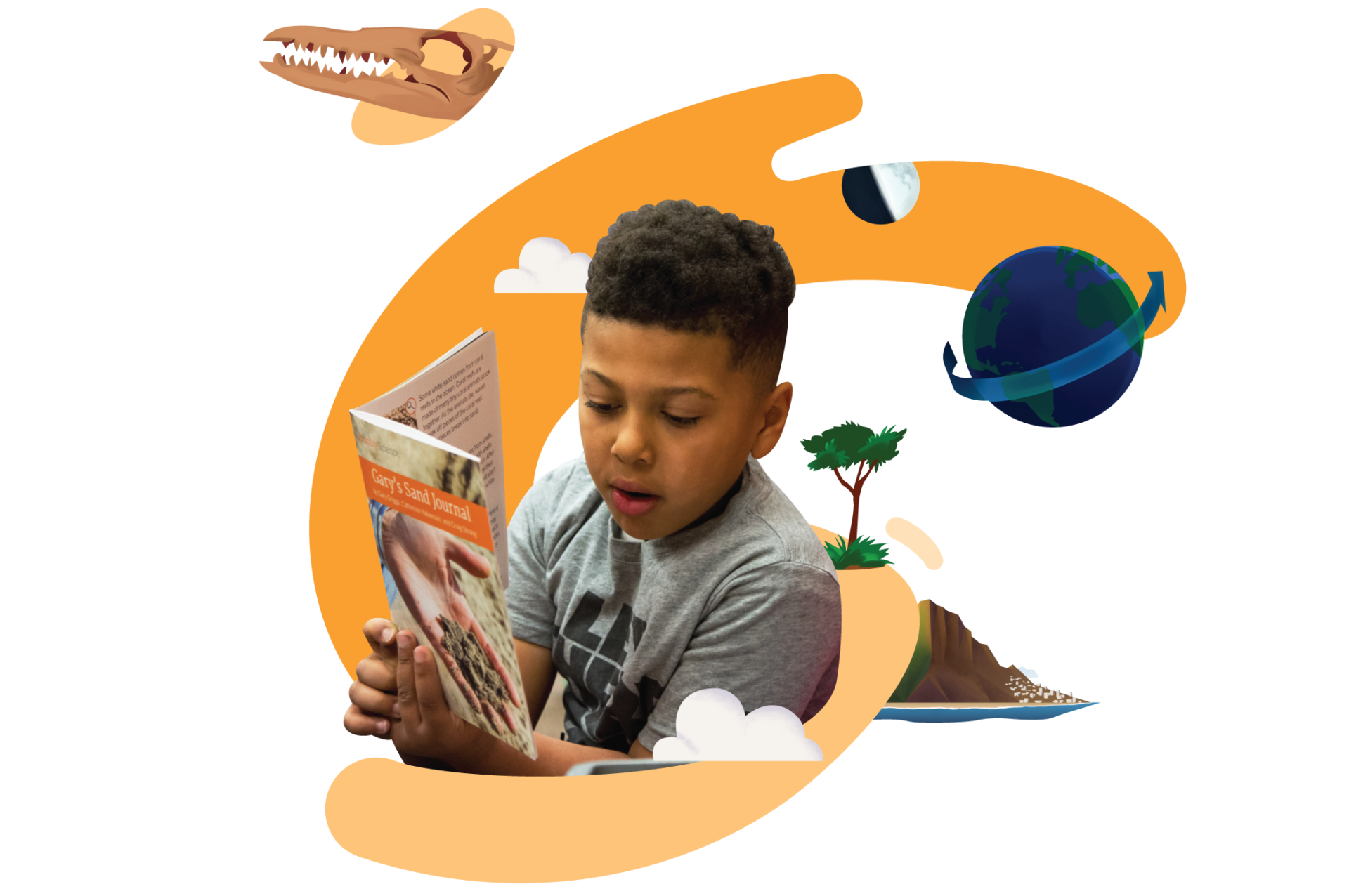 Child reading a book about dinosaurs, surrounded by illustrations of a dinosaur skull, planet, and trees on a stylized orange swirl background.