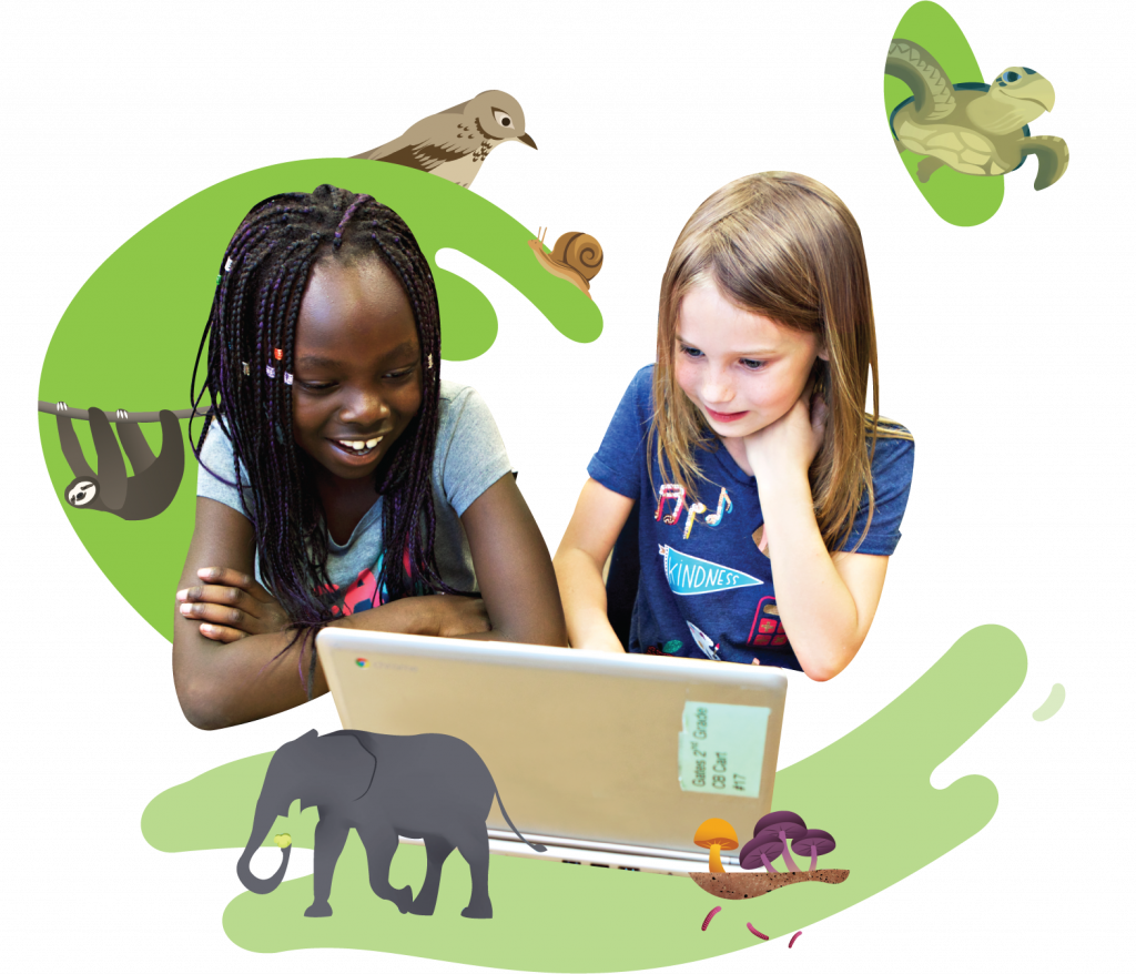 Two children smiling at a laptop, surrounded by illustrations of animals like an elephant, sloth, and birds.