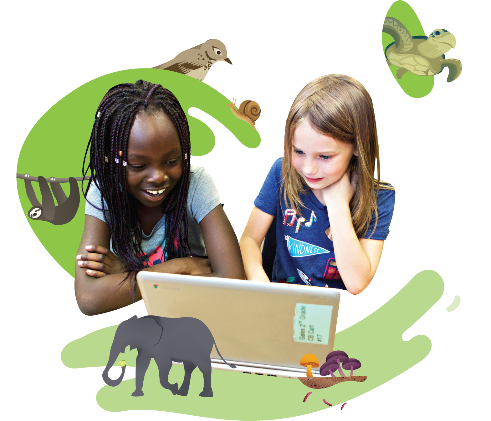 Two children smiling at a laptop, surrounded by illustrations of animals like an elephant, sloth, and birds.
