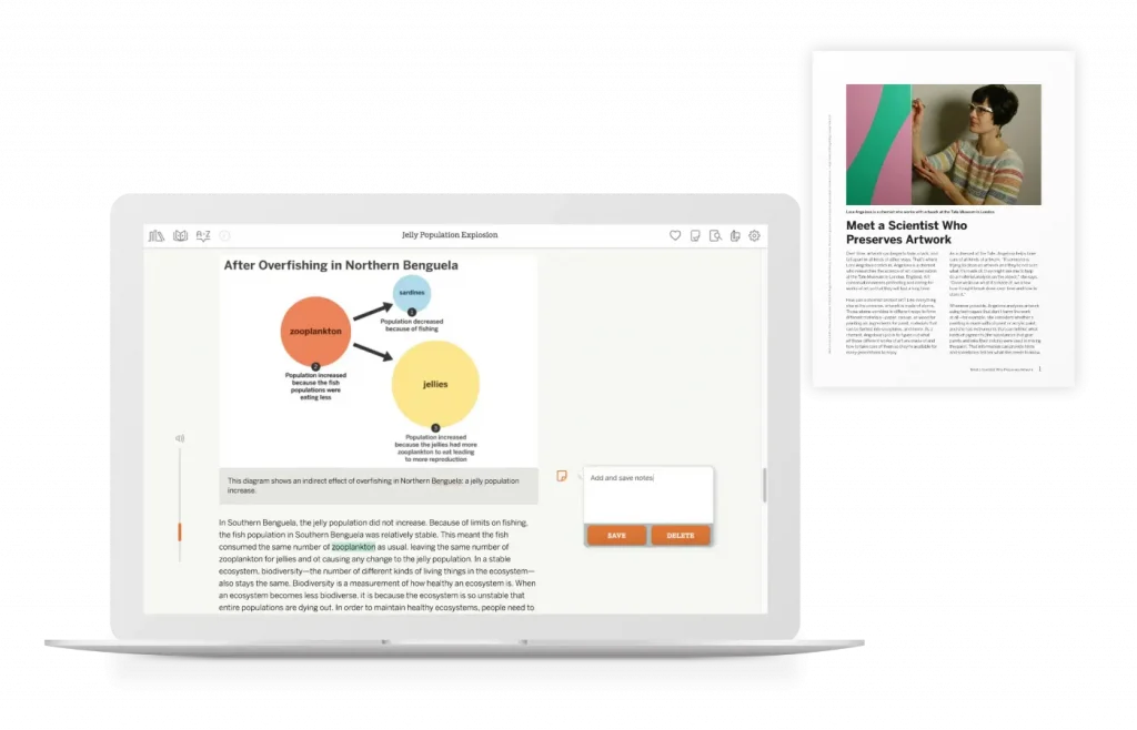 On a laptop screen, a chart titled "After Overfishing in Northern Benguela" showcases a three-circle Venn diagram, reminiscent of lessons from middle school science. In the background, a document featuring an individual in a lab coat and glasses adds to the scholarly scene, evoking elements of Amplify Science curriculum.