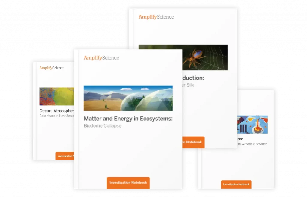 Five middle school science books from the Amplify Science series, including "Matter and Energy in Ecosystems" and "Introduction: From Silk." Each cover showcases unique images like landscapes and spiders, engaging young minds with captivating visuals.
