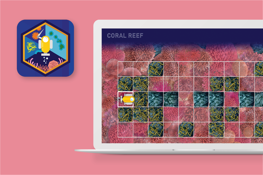 Laptop displaying a grid of coral reef images with a badge icon on the side, featuring a scuba diver and coral elements against a pink background.