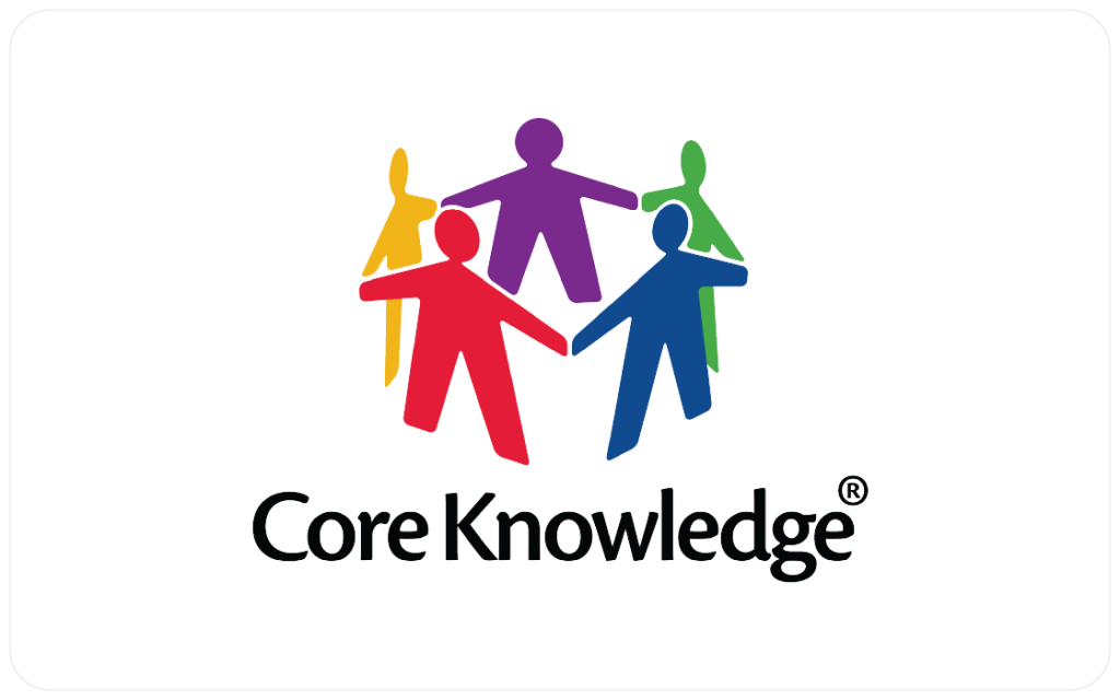 Logo of Core Knowledge featuring five colorful human figures holding hands in a circle above the text "Core Knowledge," symbolizing unity and learning. This emblem embodies the spirit of early literacy and celebrates their online language arts curriculum.