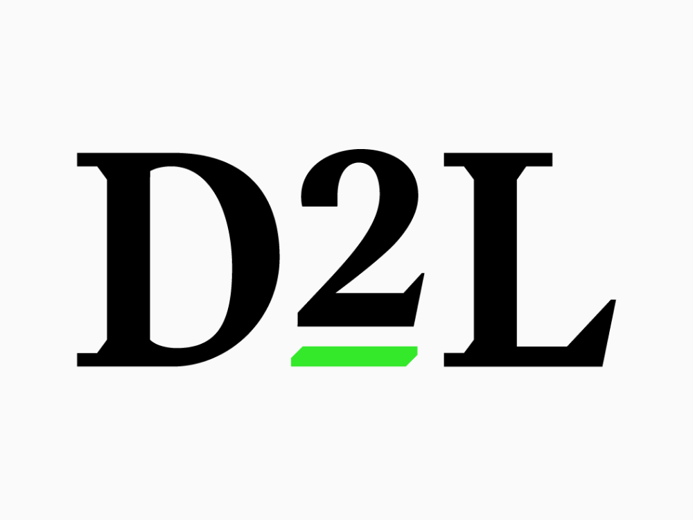 Text reading "D2L" with a green underline beneath the "2" on a white background.
