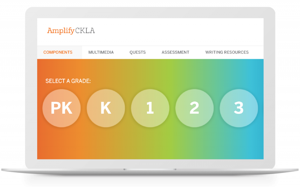 A laptop screen displays the Amplify CKLA website with options to select grades Pre-K to 3.