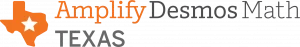 Logo featuring a Texas map outline in orange with a white star inside; text reads "Amplify Desmos Math Texas" in orange and gray, highlighting its integration into the core mathematics curriculum.