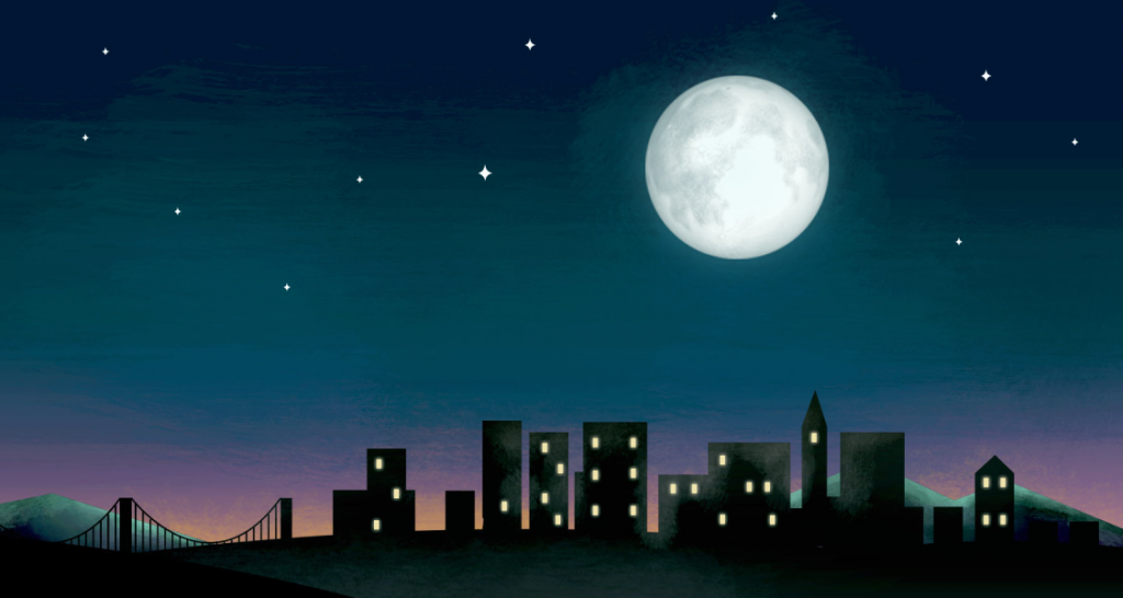 A city skyline at night with a prominent full moon, stars in the sky, and a bridge silhouette on the left.