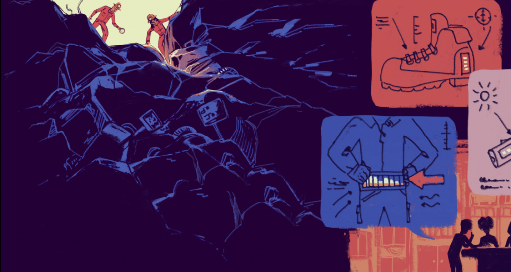 Two people climbing rocky terrain; illustrations show a hiking boot and a belt with gear.