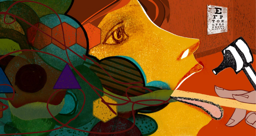 Abstract artwork of a person's side profile with geometric shapes and colorful patterns flowing from the head, holding a small sledgehammer. A vision chart is visible in the corner.