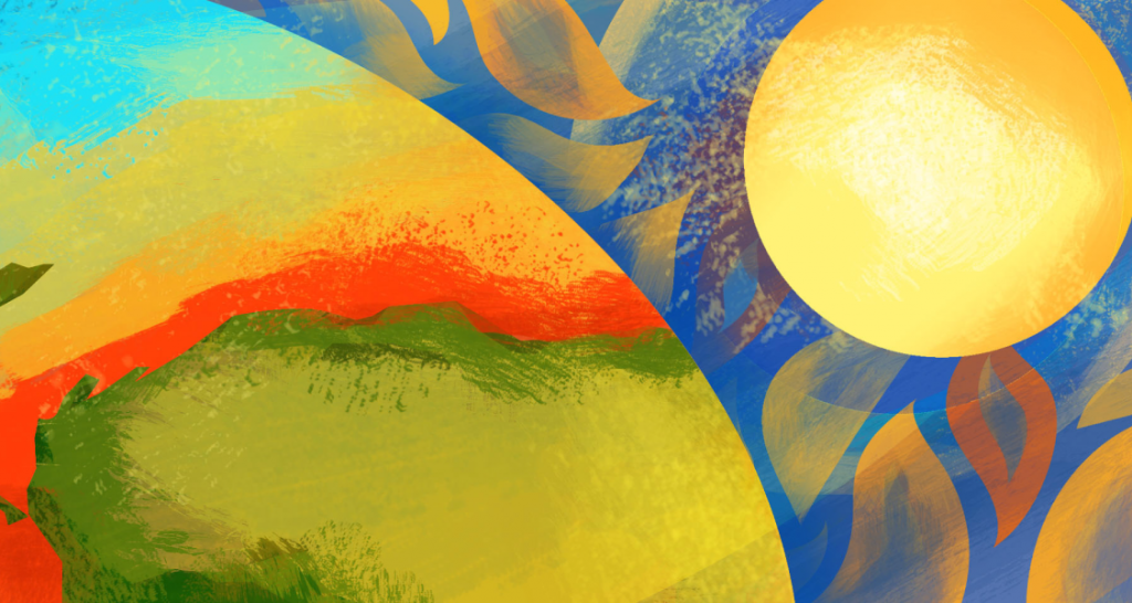 Abstract artwork depicting a bright sun with blue and orange swirling patterns next to green hills under a sky with shades of blue, orange, and red.