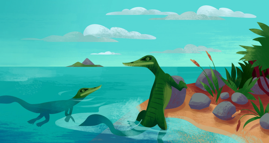 Two prehistoric reptiles with long snouts and tails are near the shore, one on land and one in water, with plants, rocks, and an island in the background.