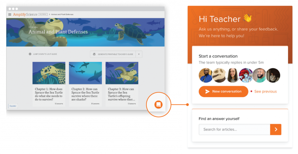 Interface of an educational website on animal and plant defenses, featuring chapter tiles with illustrations, and a chat support window labeled 'Hi Teacher' offering new conversation options.