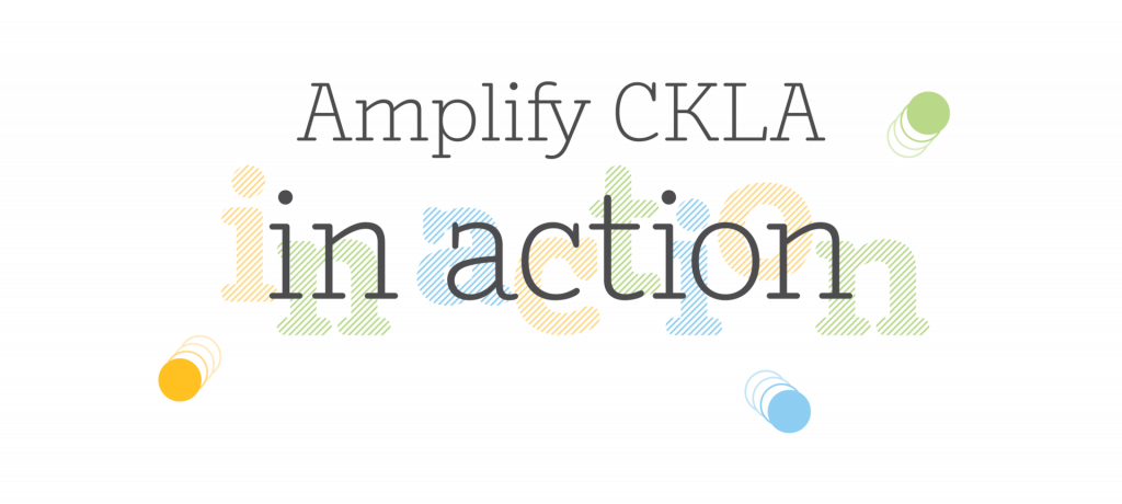 Text reading "Amplify CKLA in action" with decorative colored circles and striped patterns on the letters.