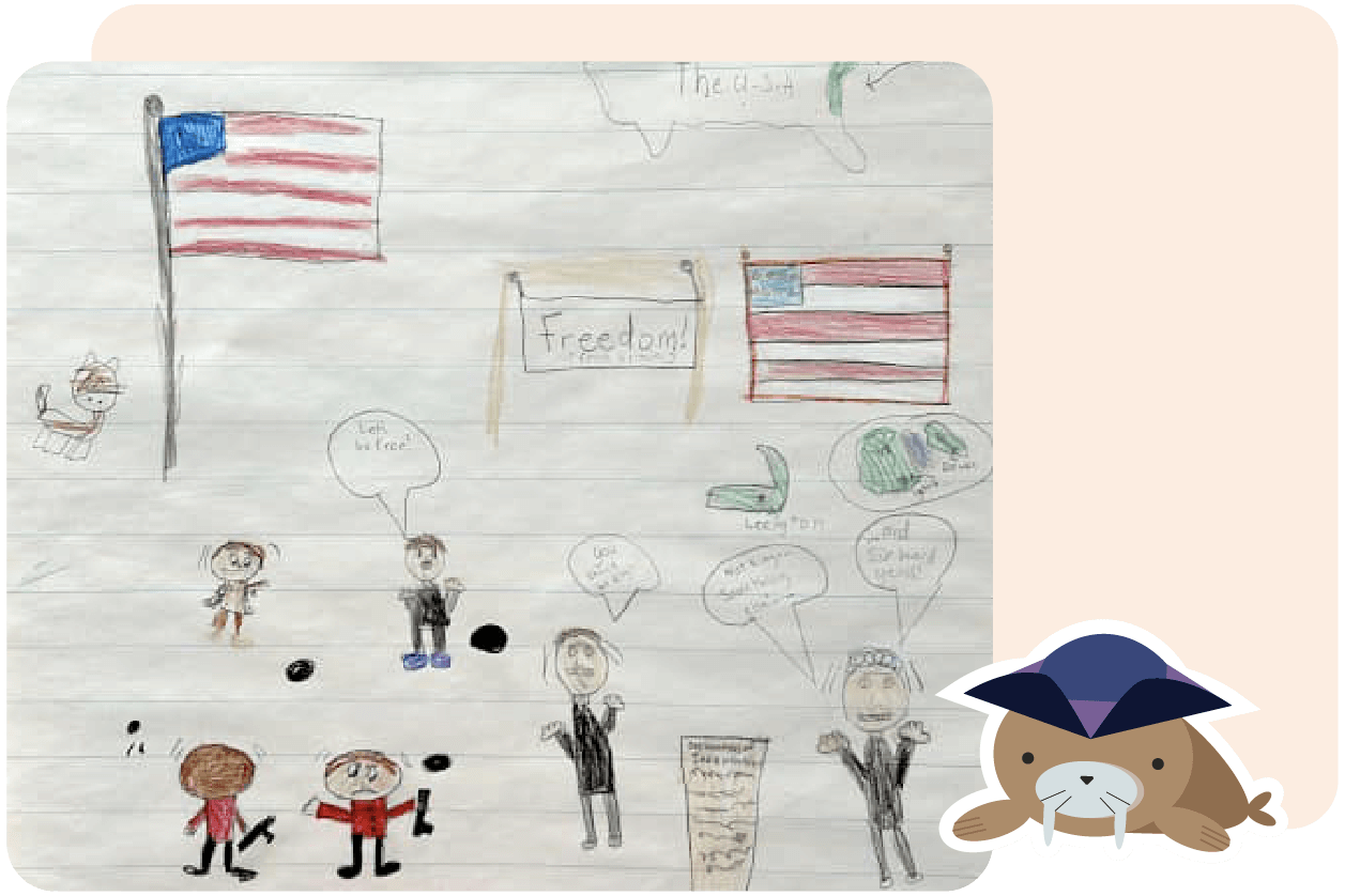 Child's drawing with two American flags, a "Freedom" sign, a cat, stick-figure people, speech bubbles, and a walrus wearing a hat.