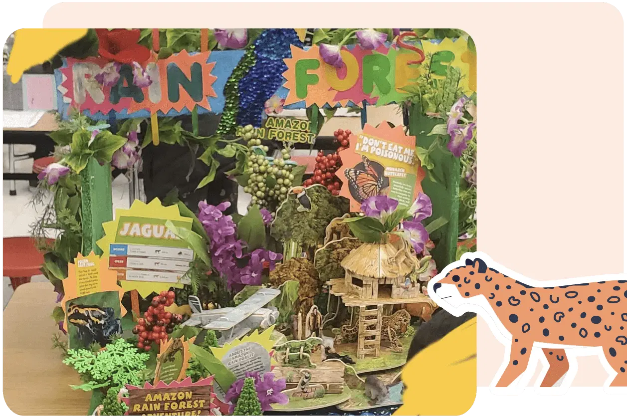 A colorful rainforest diorama with labeled sections, featuring plants, a jaguar, a hut, and informational signs, serves as an engaging resource for teachers. An illustrated jaguar decorates the bottom-right corner, perfectly complementing literacy curriculum goals like those in Amplify CKLA.