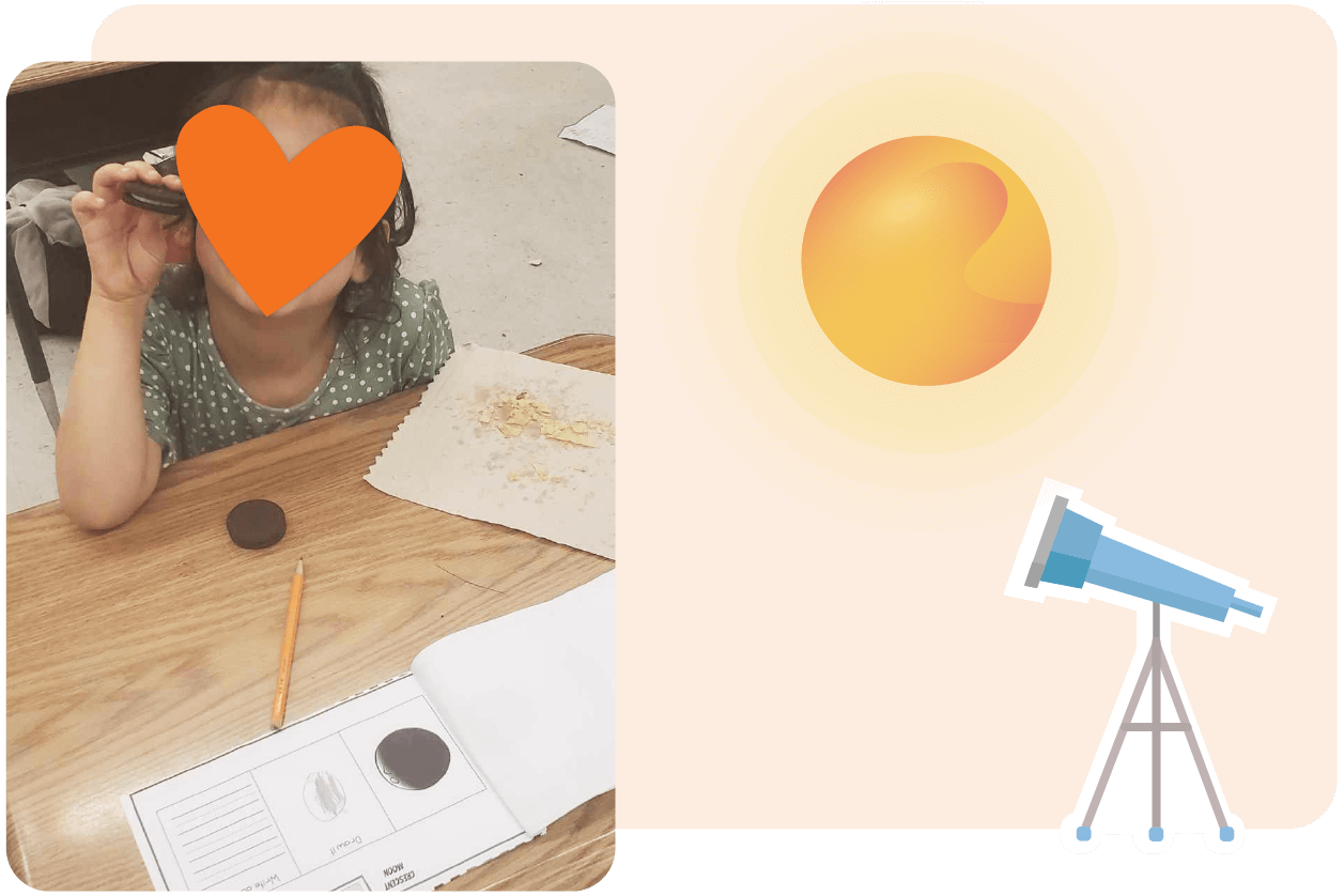Child at a desk holding an Oreo cookie to their eye, with a pencil and worksheet nearby; illustration of a sun and telescope on the right.