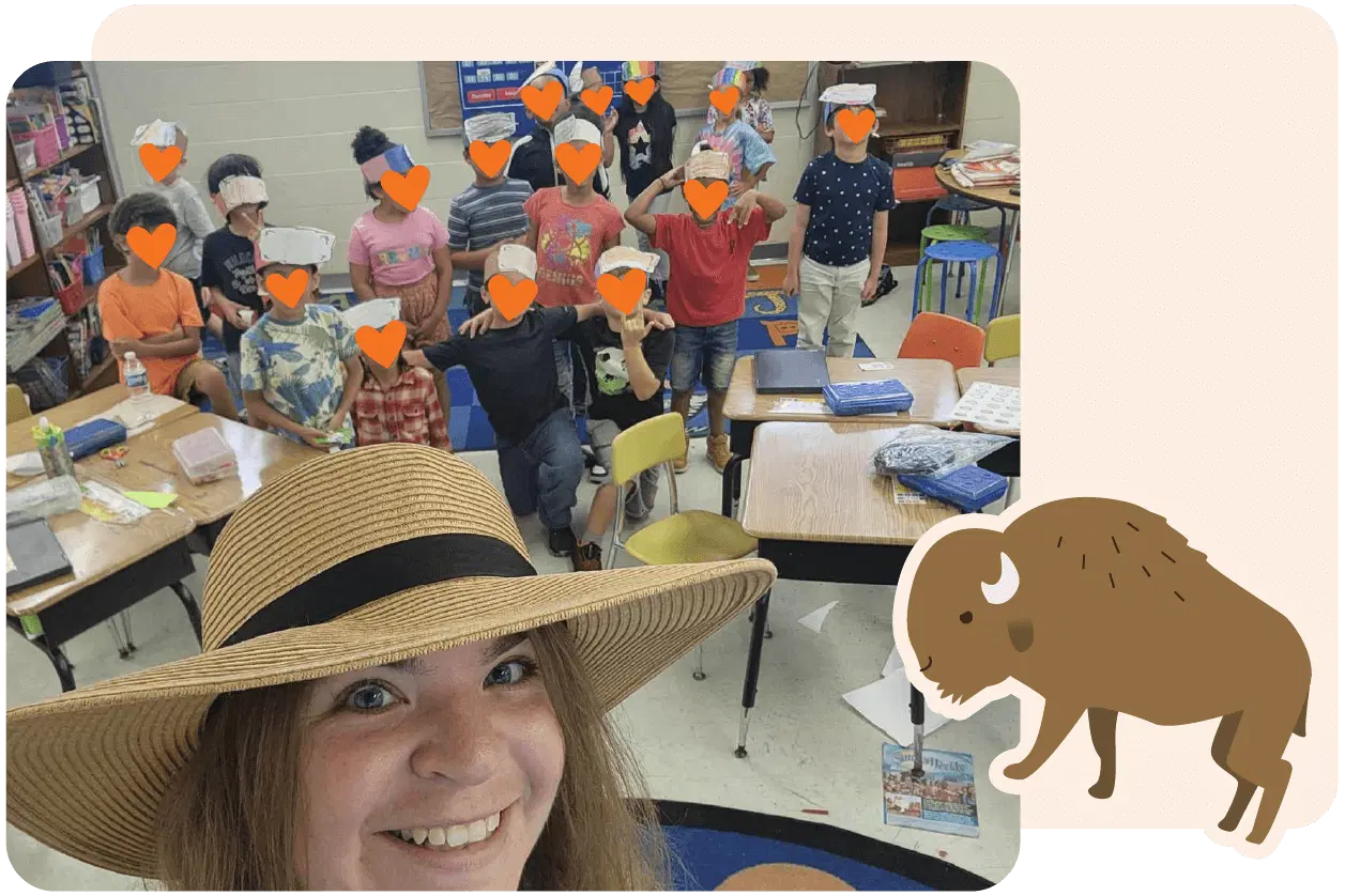 Smiling person in a straw hat takes a selfie with a classroom of kids wearing paper hats. Orange hearts cover faces. A bison illustration is on the side.