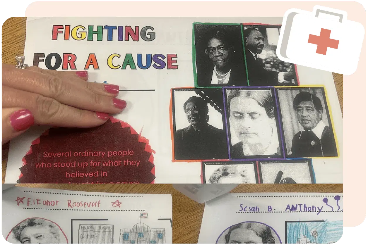 A hand with pink nails points to a collage titled "Fighting for a Cause" featuring various historical figures, text about ordinary people standing up for their beliefs, and illustrations below.