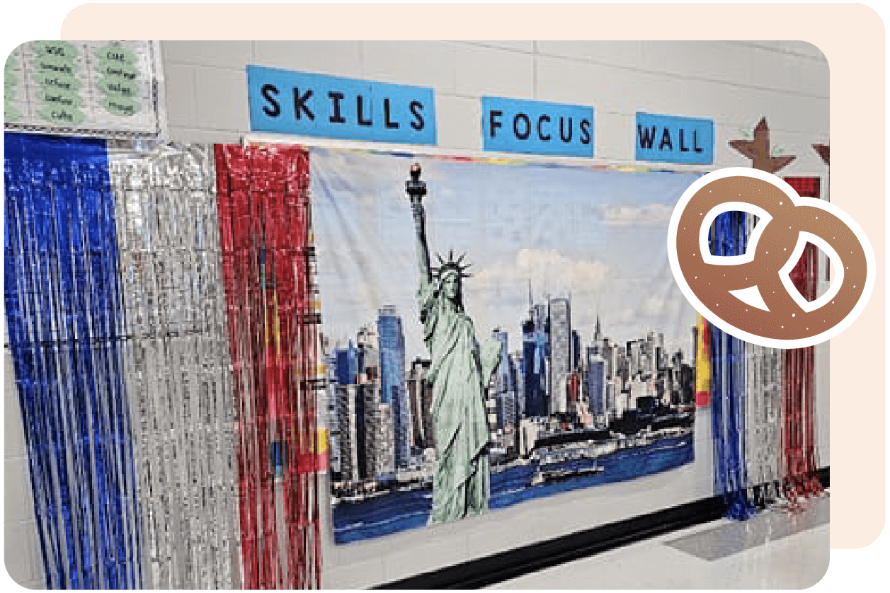 Classroom wall display titled "Skills Focus Wall" featuring a mural of the Statue of Liberty and New York City skyline, decorated with red, silver, and blue streamers.