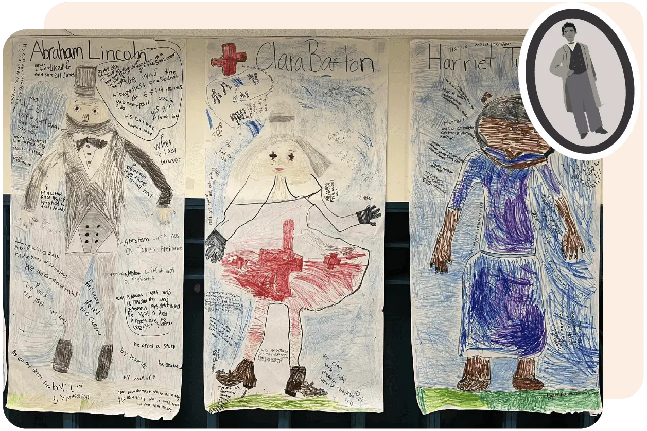 Three illustrated posters depict historical figures: Abraham Lincoln in a suit, Clara Barton in a red cross outfit, and Harriet Tubman in a blue dress, with handwritten notes around each.