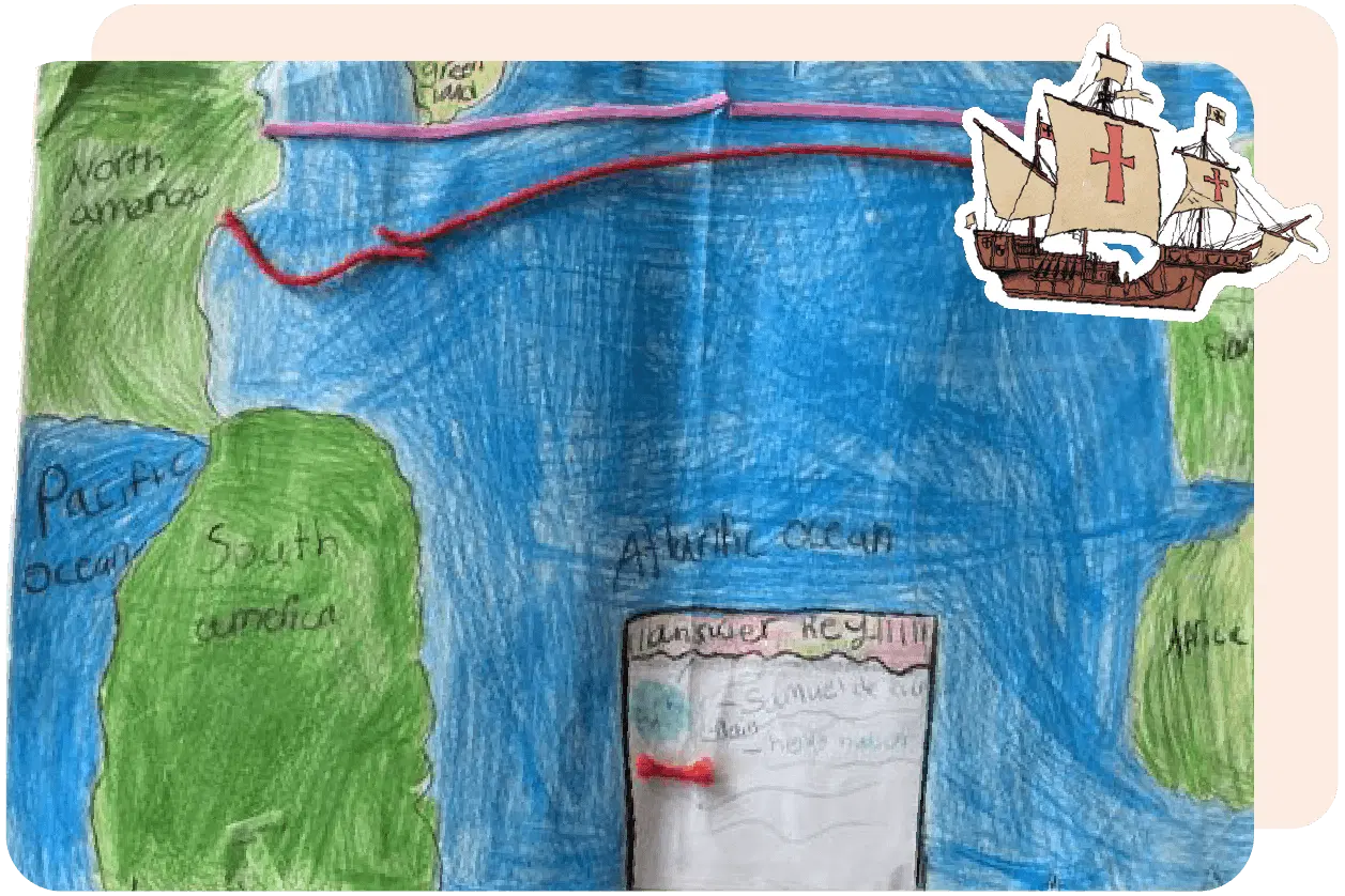 Crayon-drawn map of the Atlantic Ocean with red route lines, depicting Columbus' voyage, includes labeled continents North America, South America, Europe, Africa, and a ship illustration.