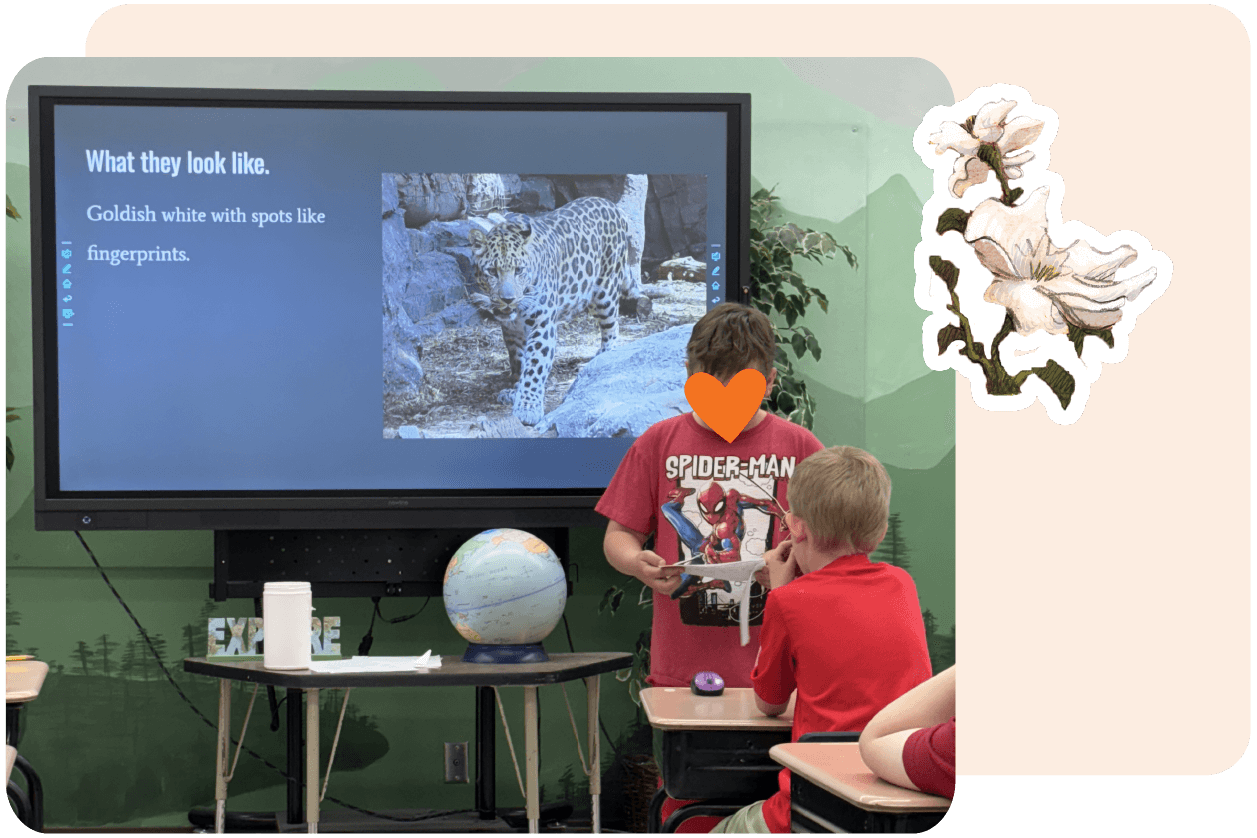 Boy in a red Spider-Man shirt gives a presentation on leopards at school, showing a slide with a leopard image. Another student in a red shirt listens. A globe is on the table.