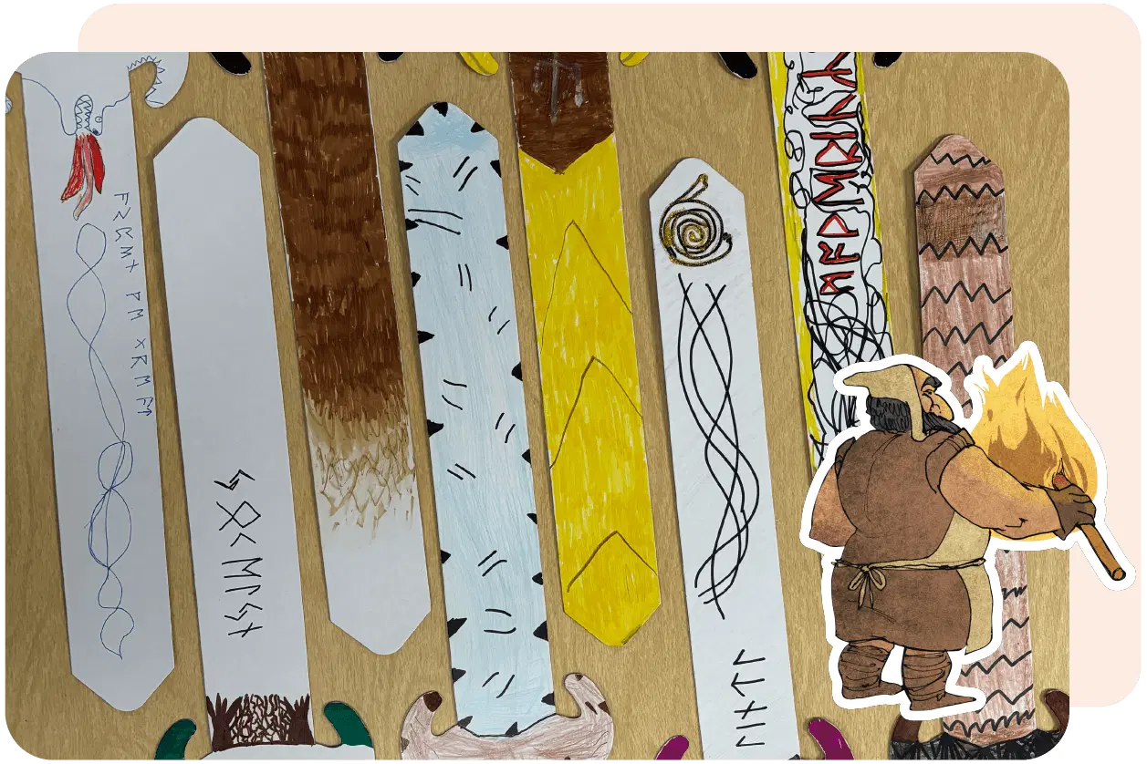 Various decorated sticks feature runes, patterns, and colors, accompanied by an illustration of a person holding a torch in the lower right corner.