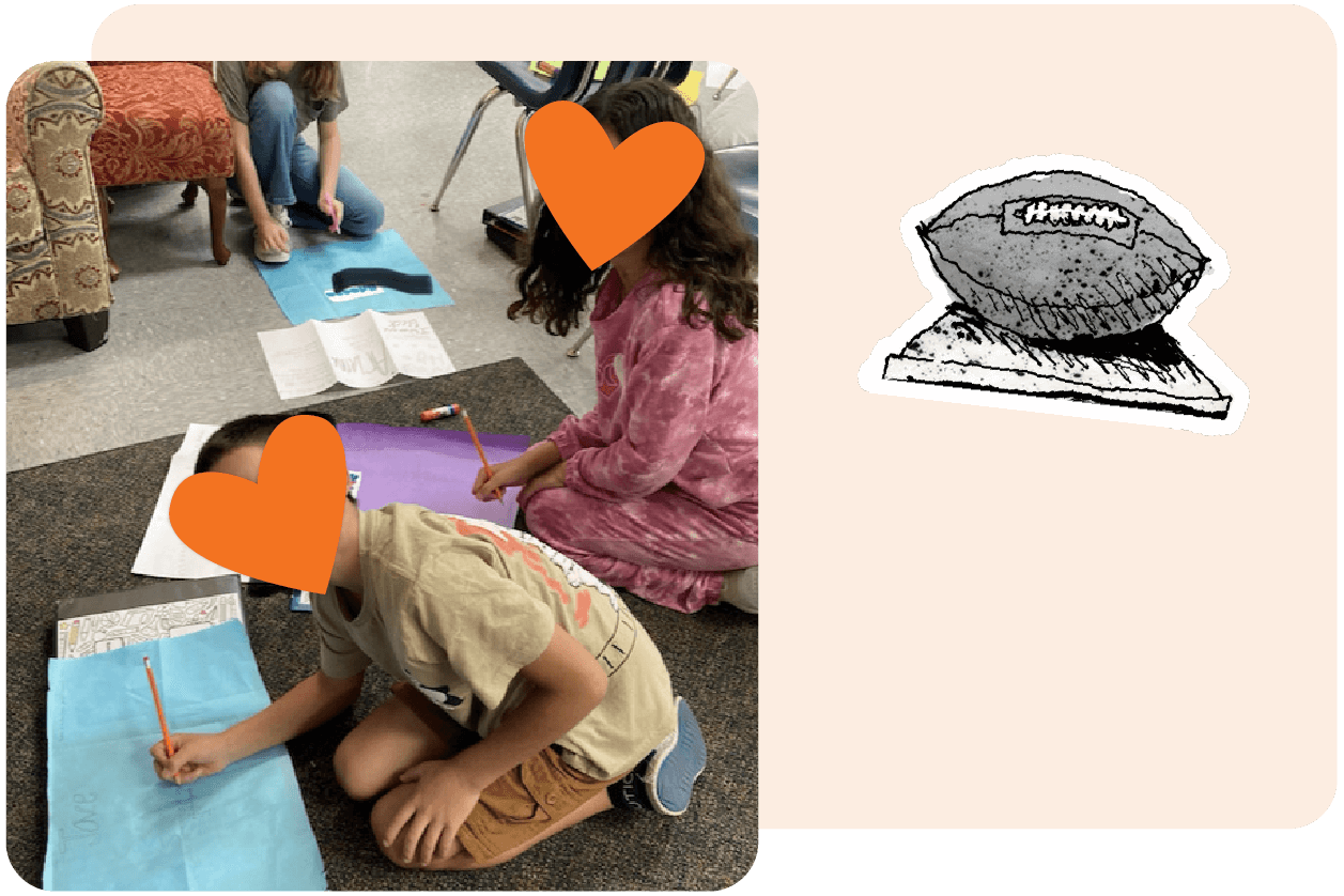 Children sit on the floor, working on a football-related project with paper and markers. A football trophy illustration is on the right.