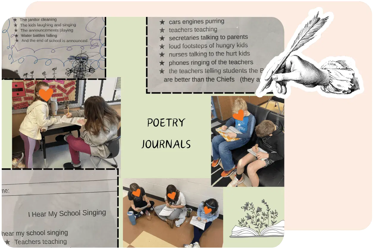 A collage with students reading and writing, alongside typed poems. A decorative hand with a quill, books, and flowers are also included.