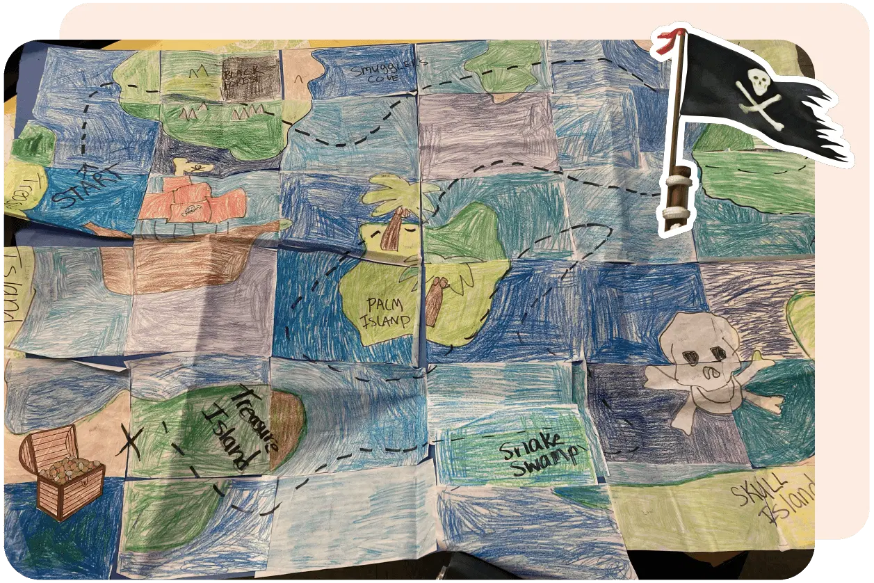 Hand-drawn pirate map featuring islands, a ship, a treasure chest, a skull and crossbones island, labeled locations like "Palm Island" and "Snake Swamp," with a dashed path and a pirate flag overlay.