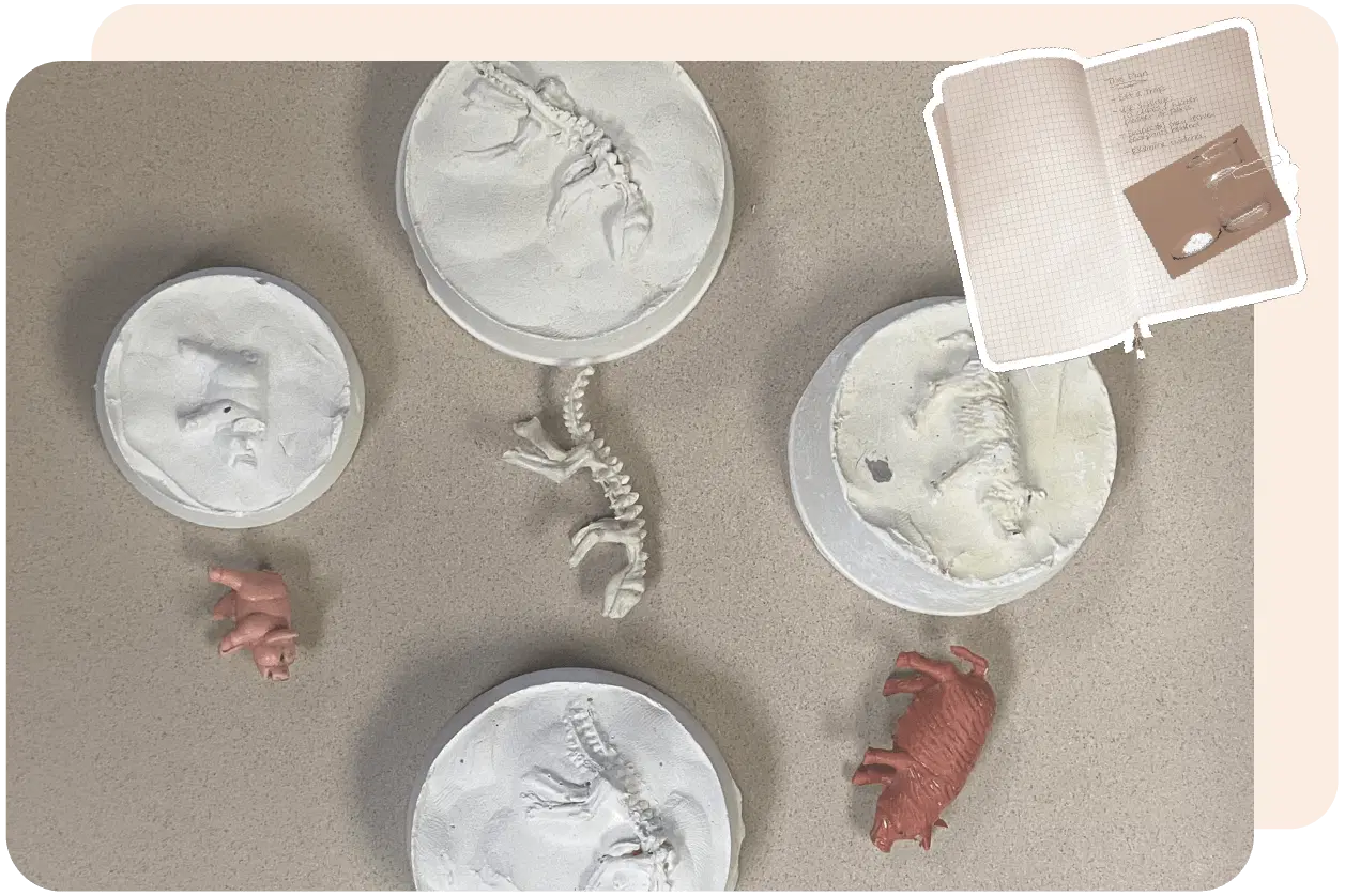 Plaster fossil replicas and small animal figures are arranged on a surface. An open notebook with a pencil is placed in the upper right corner.