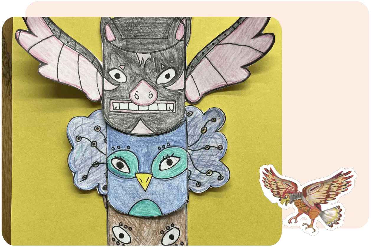 Drawing of a totem pole with a bat at the top, an owl in the middle, and another creature at the bottom on a yellow background. A separate eagle drawing is in the corner.