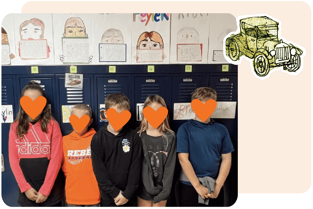 Five children stand in front of lockers, their faces covered with heart-shaped emojis. Above them are colorful drawings and notes. An illustrated vintage car is in the upper right corner.