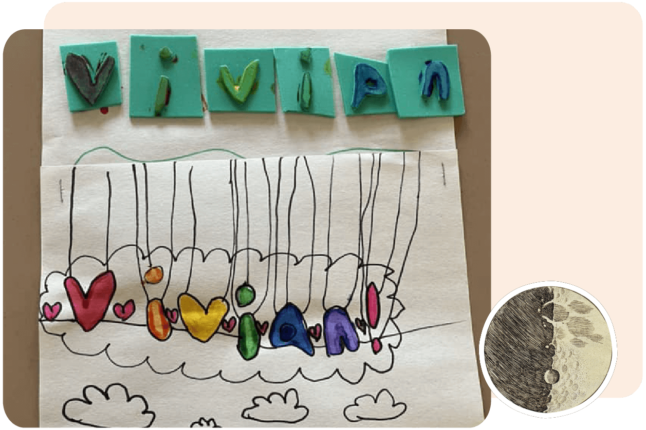 Children's artwork featuring colorful block letters spelling "vivian" and a drawing below with hearts and clouds.