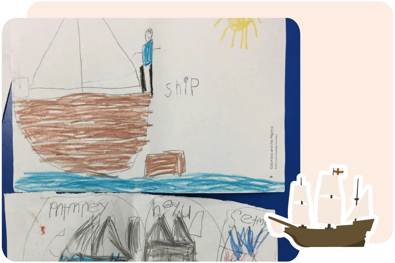 A child's drawing of a ship at sea, with a person standing on it. The word "ship" is written beside the vessel. A sun is drawn in the top right corner.