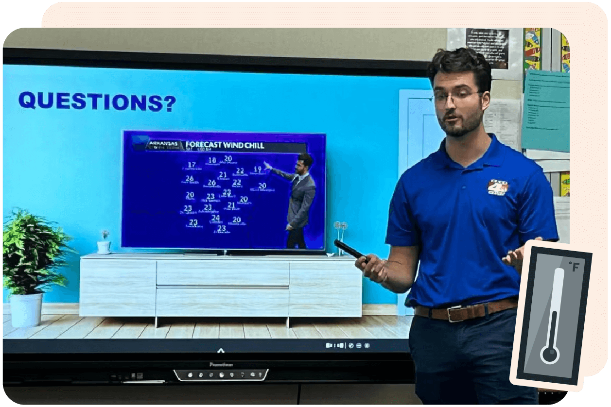 A man in a blue shirt holds a phone and stands next to a screen displaying a weather forecast with wind chill values. The screen also shows a question mark text and a diagram of a thermometer.