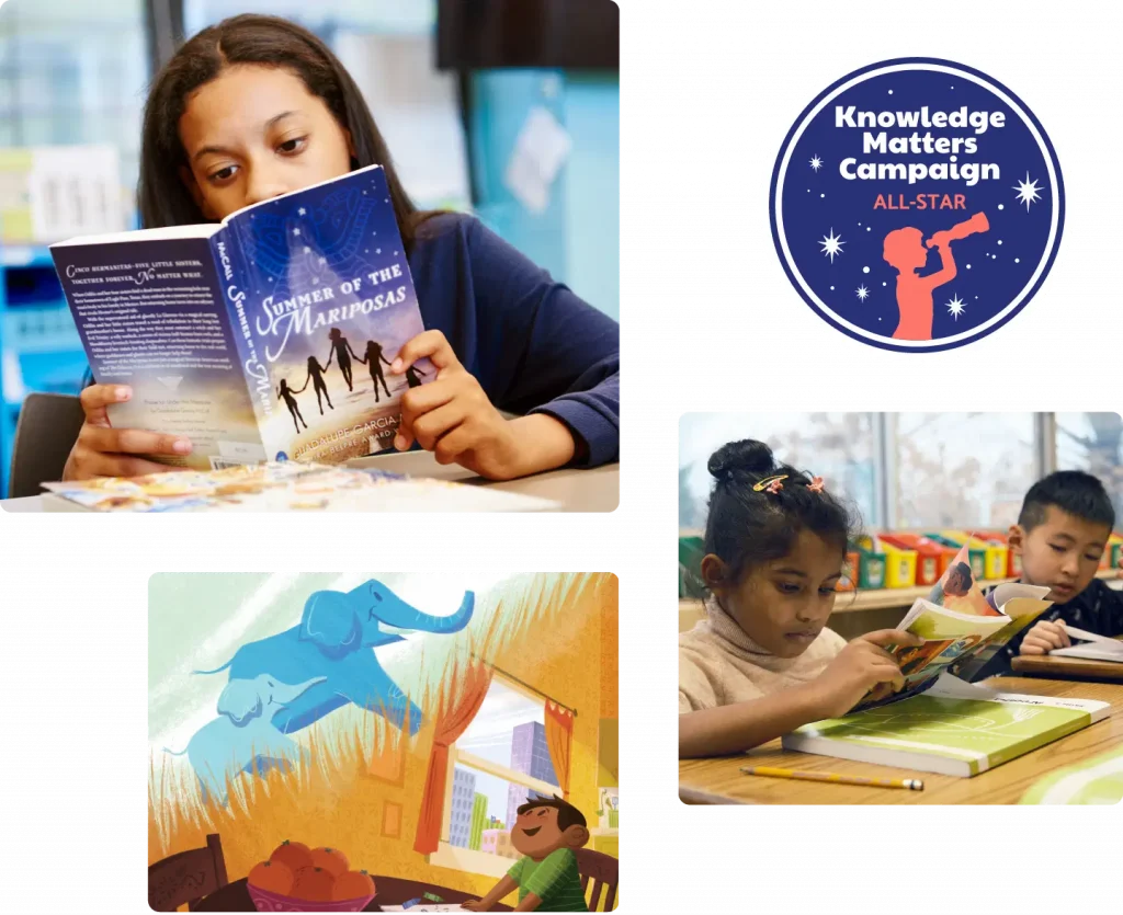 A child reads a book titled "Summer of the Mariposas." Another image shows children engaging with core knowledge language arts in a classroom. An illustration depicts a boy reading with an elephant outside the window, emphasizing how much knowledge matters in every setting.